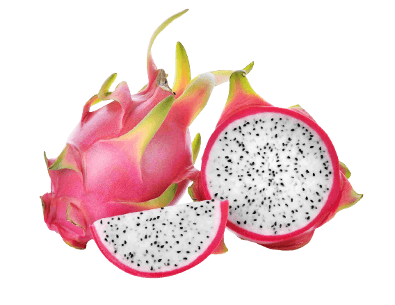 A whole dragon fruit, a cut half, and a wedge showing white flesh with fine black seeds.